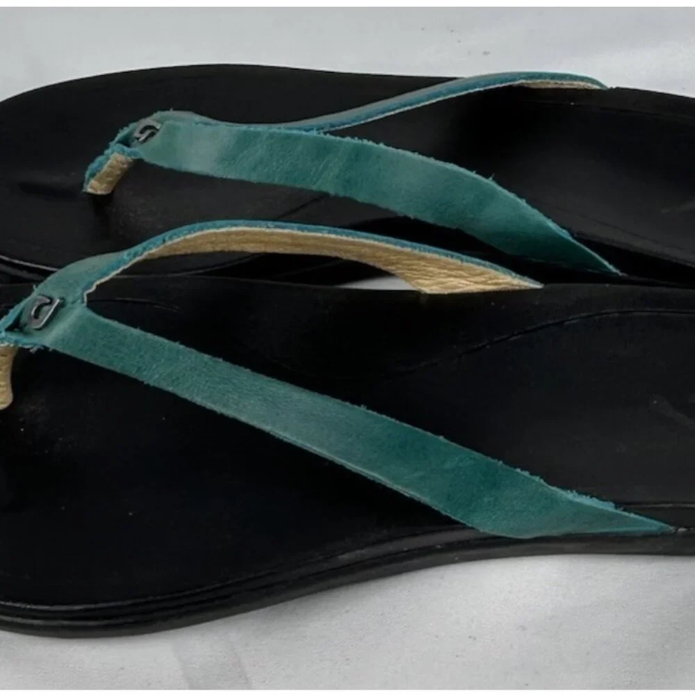 Olukai Ho'Opio Turquoise Black Leather Flip Flops Thongs Sandals Womens 7 - Picture 3 of 5